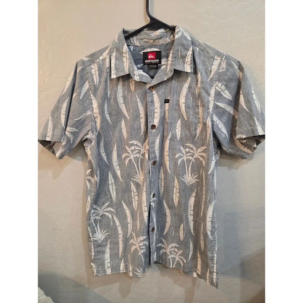 Quiksilver Boys Grey Palm Tree Surfboard Button Down Shirt Size Large 16-18